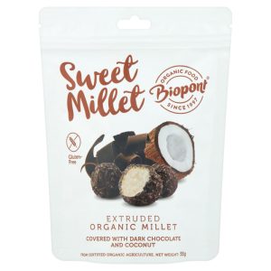 glutenfreier Snack Organic-Extruded-Millet-Covered-with-Dark-Chocolate-and-Coconut Gluten-free-55-g
