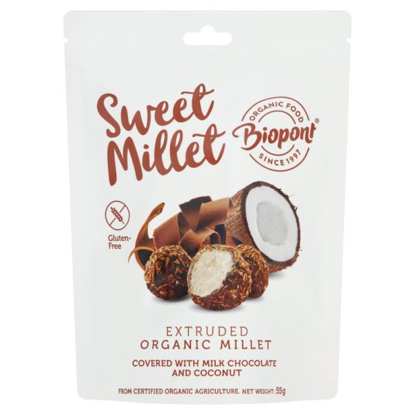 glutenfreier Snack Organic-Extruded-Millet-Covered-with-Milk-Chocolate-and-CoconutGluten-Free-55-g
