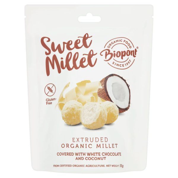 glutenfreier Snack Organic-Extruded-Millet-Covered-with-White-Chocolate-and-CoconutGluten-Free-55-g